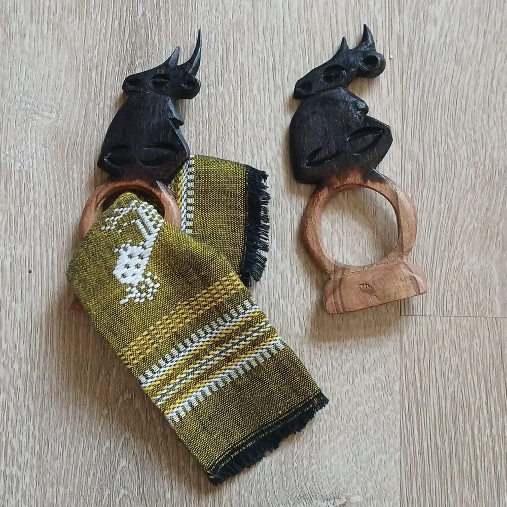 Vintage 80's Hand Carved Napkin Rings Wood Polished Artisan Ethnic Rhino Animals